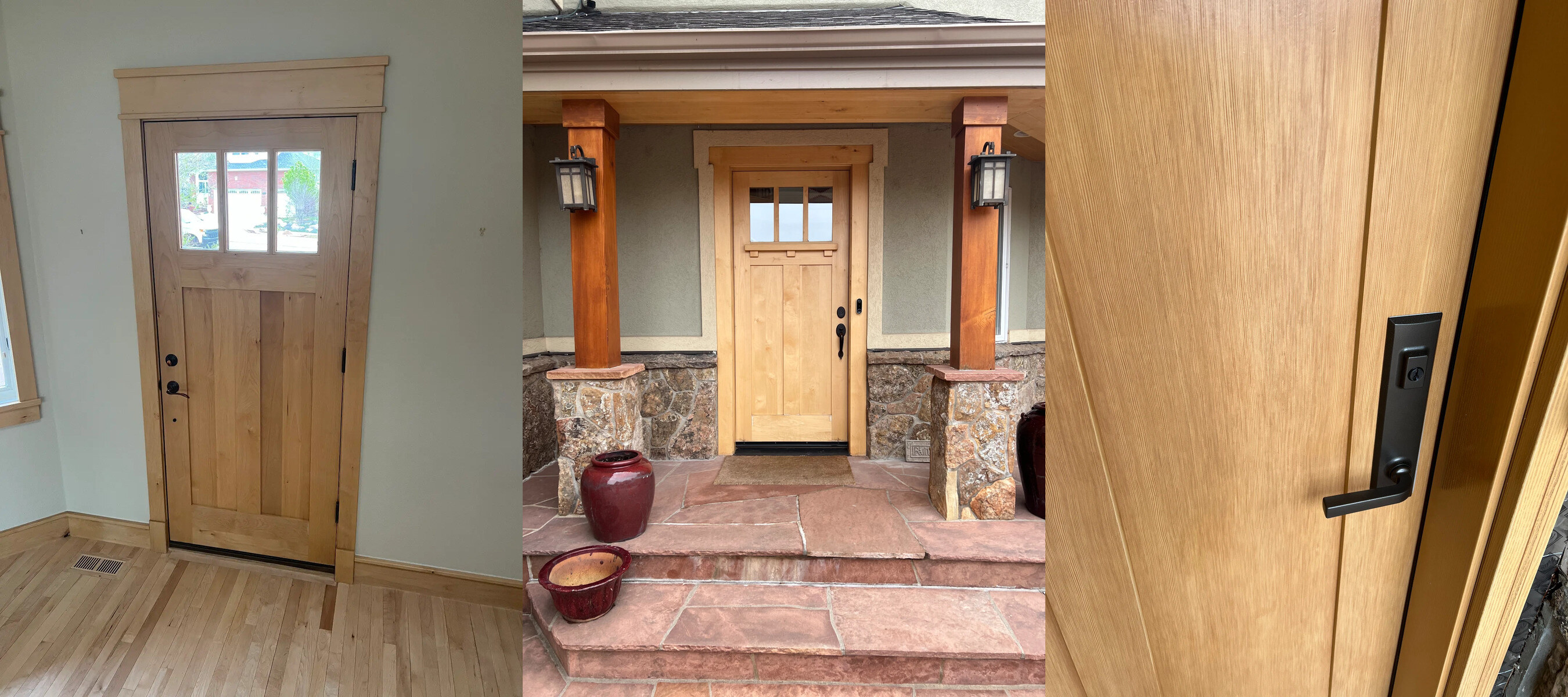 Craftsman-style knotty alder entry door shown from inside the foyer, from the covered stone porch, and a close-up of its black contemporary handleset, installed by Best Custom Doors LLC