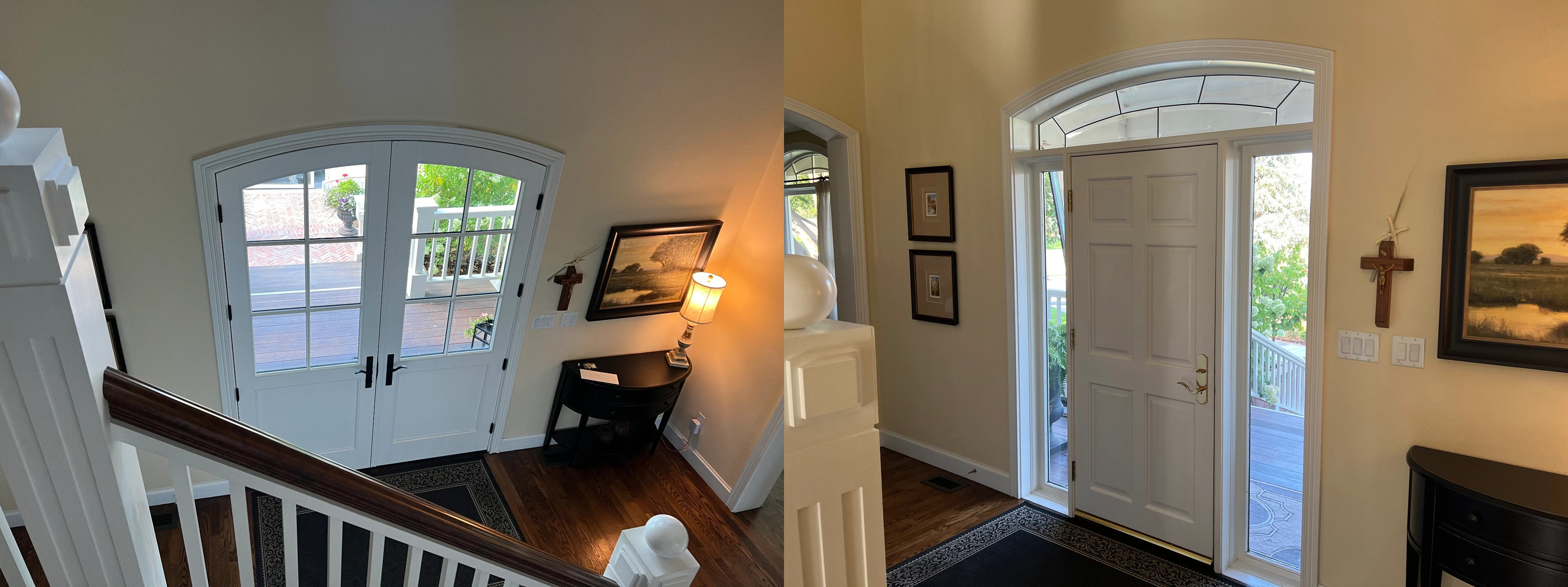 White arched-top double entry door and matching single entry door with sidelights, installed by Best Custom Doors LLC