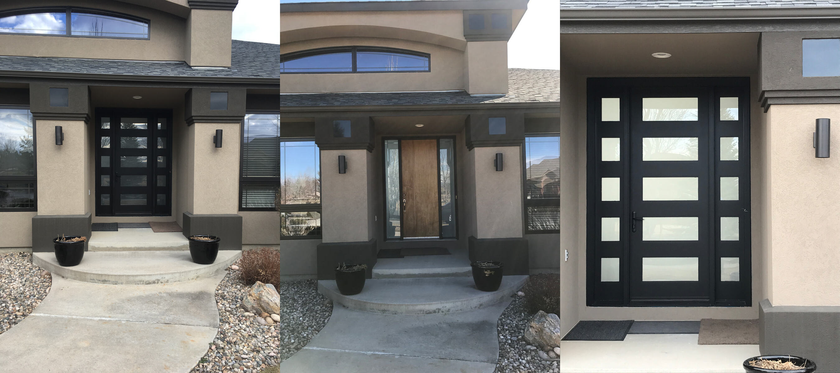 Modern black contemporary entry door with frosted glass sidelights and a wood-grain full-panel entry door, installed by Best Custom Doors LLC