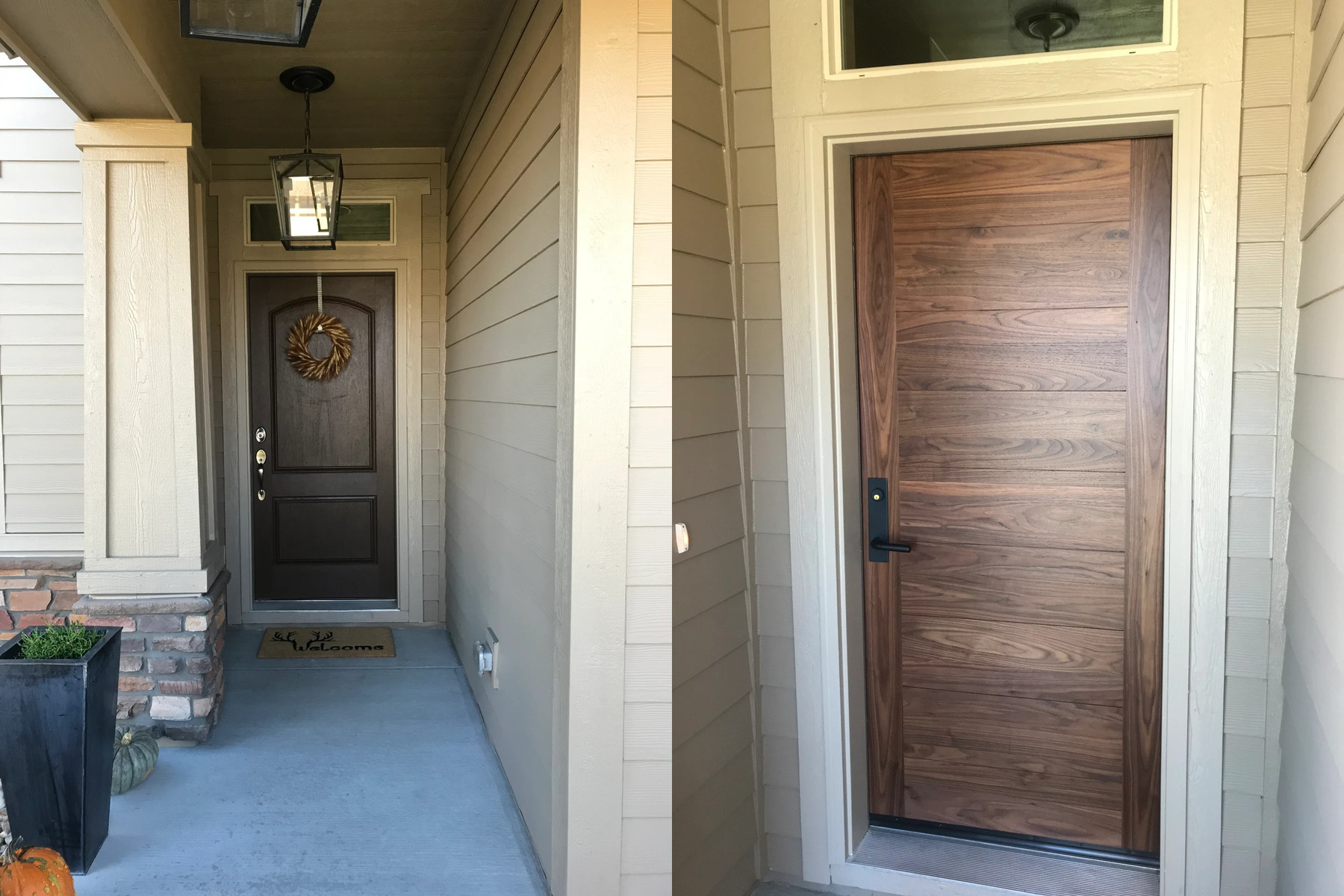 Dark wood entry door with a fall wreath and a natural wood plank entry door, installed by Best Custom Doors LLC