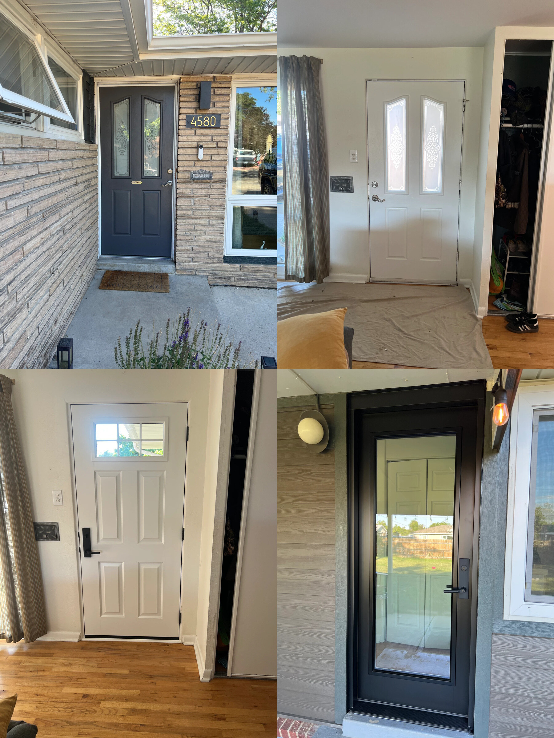 Entry door replacement before and after — original decorative-glass steel door shown outside and inside, replaced with a white craftsman door and a black full-lite glass entry door, installed by Best Custom Doors LLC