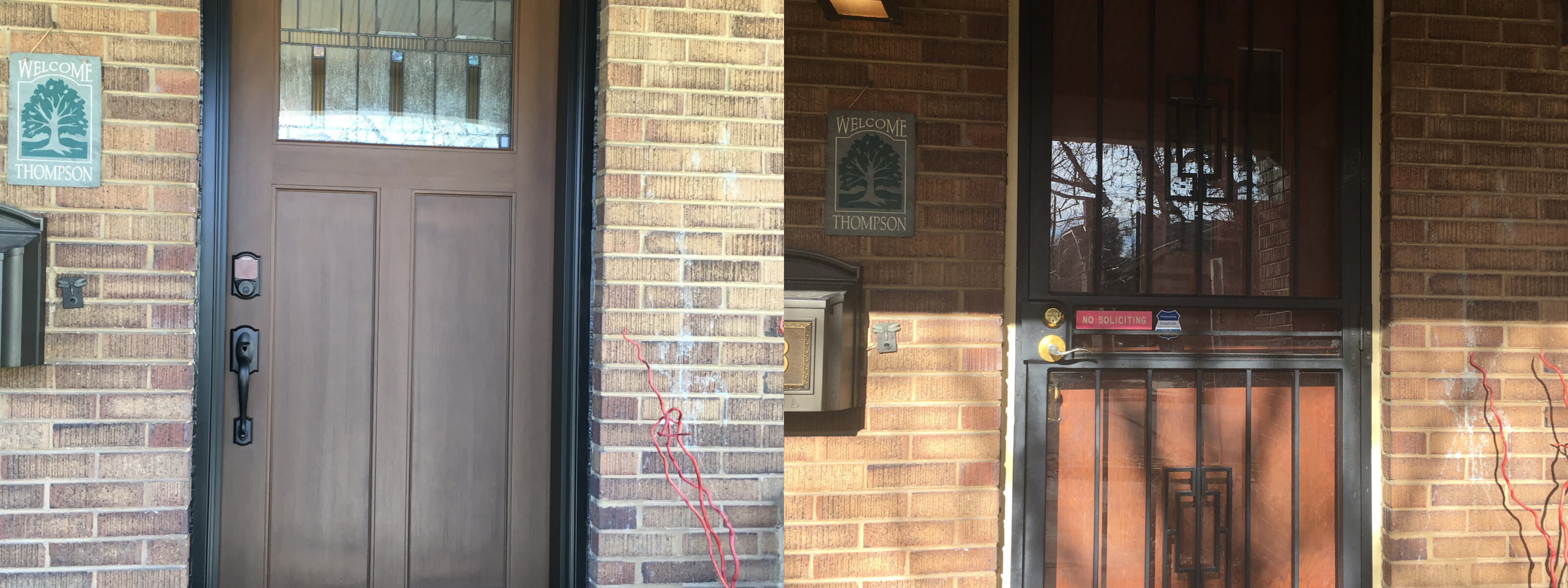 Before and after entry door replacement — craftsman-style glass door and modern security storm door, installed by Best Custom Doors LLC