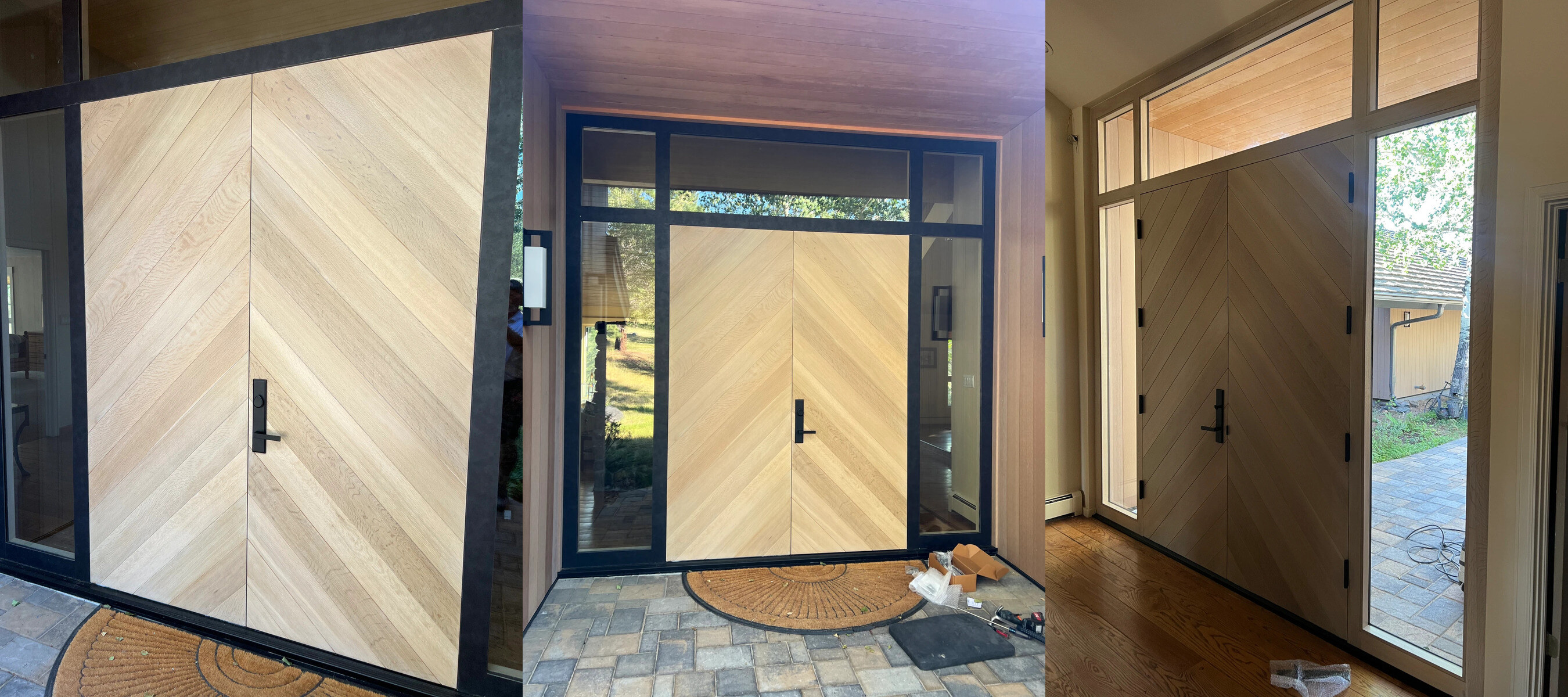 Custom white oak chevron double entry door shown from outside, at the full entry surround, and from inside the foyer, installed by Best Custom Doors LLC