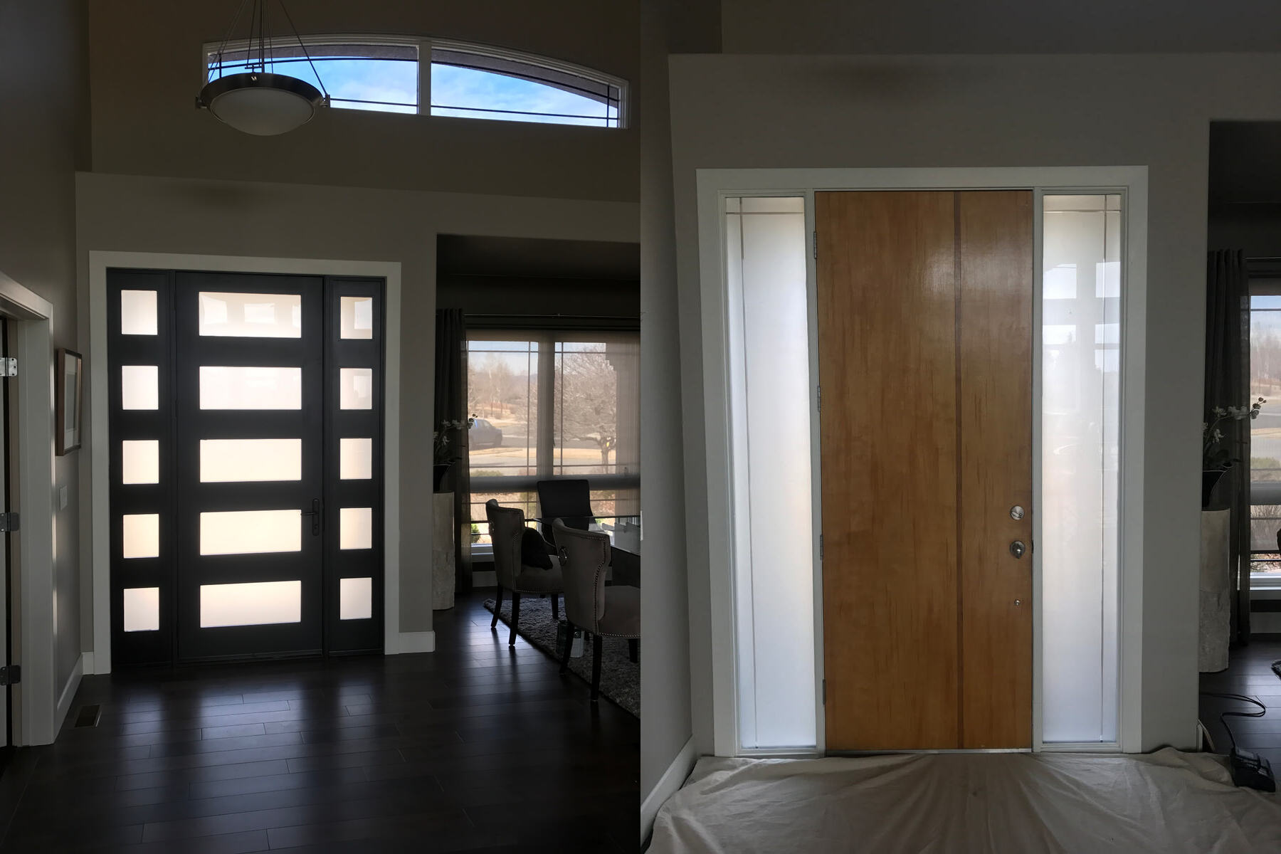 Entry door transformation — original wood door replaced with a contemporary black entry door with frosted glass lites and sidelights, installed by Best Custom Doors LLC