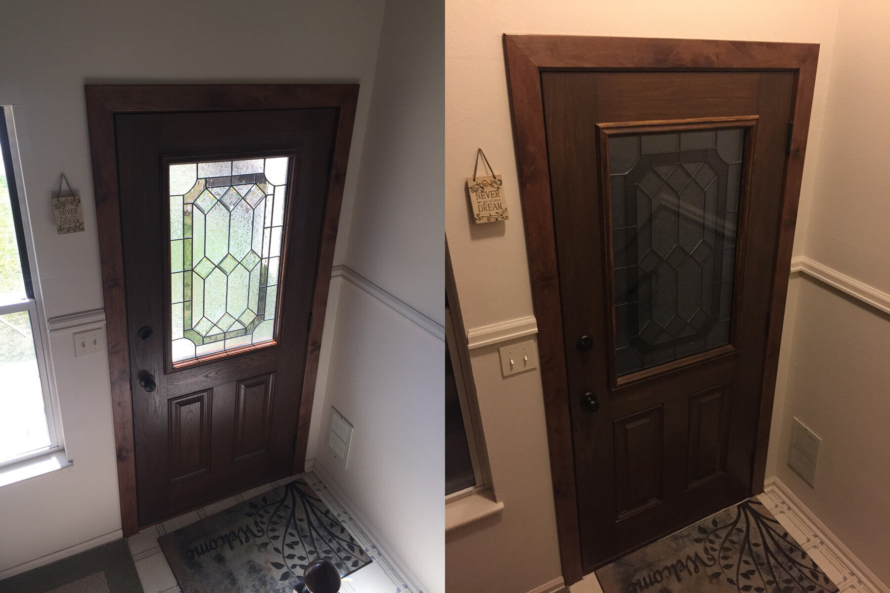 Stained wood entry door with decorative leaded glass shown in daylight and evening light, installed by Best Custom Doors LLC